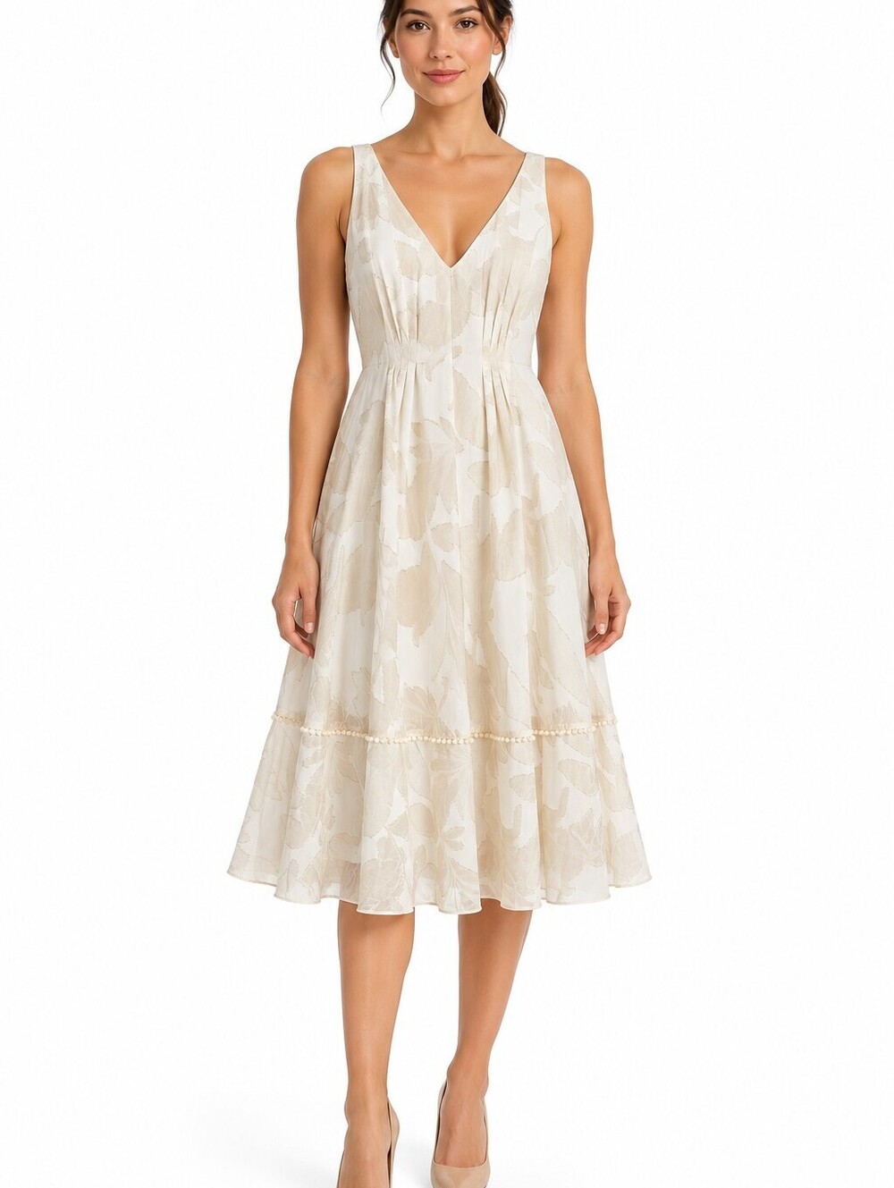 Ann Taylor Size 6 Ivory Floral Textured V-Neck Sleeveless A-Line Dress NWT